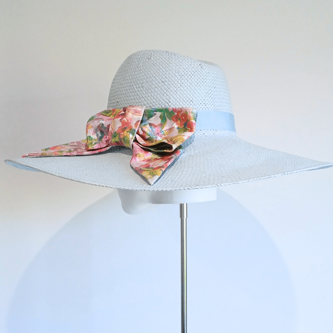 Women's Baby Blue Straw Wide Brim fedora hat with Monochrome floral leather bow - Julie Herbert Millinery