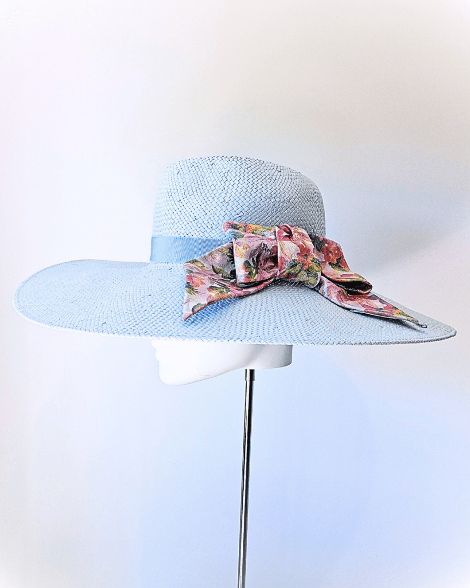 Women's Baby Blue Straw Wide Brim fedora hat with Monochrome floral leather bow - Julie Herbert Millinery straw hat