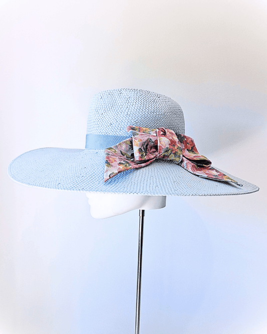 Women's Baby Blue Straw Wide Brim fedora hat with Monochrome floral leather bow - Julie Herbert Millinery straw hat