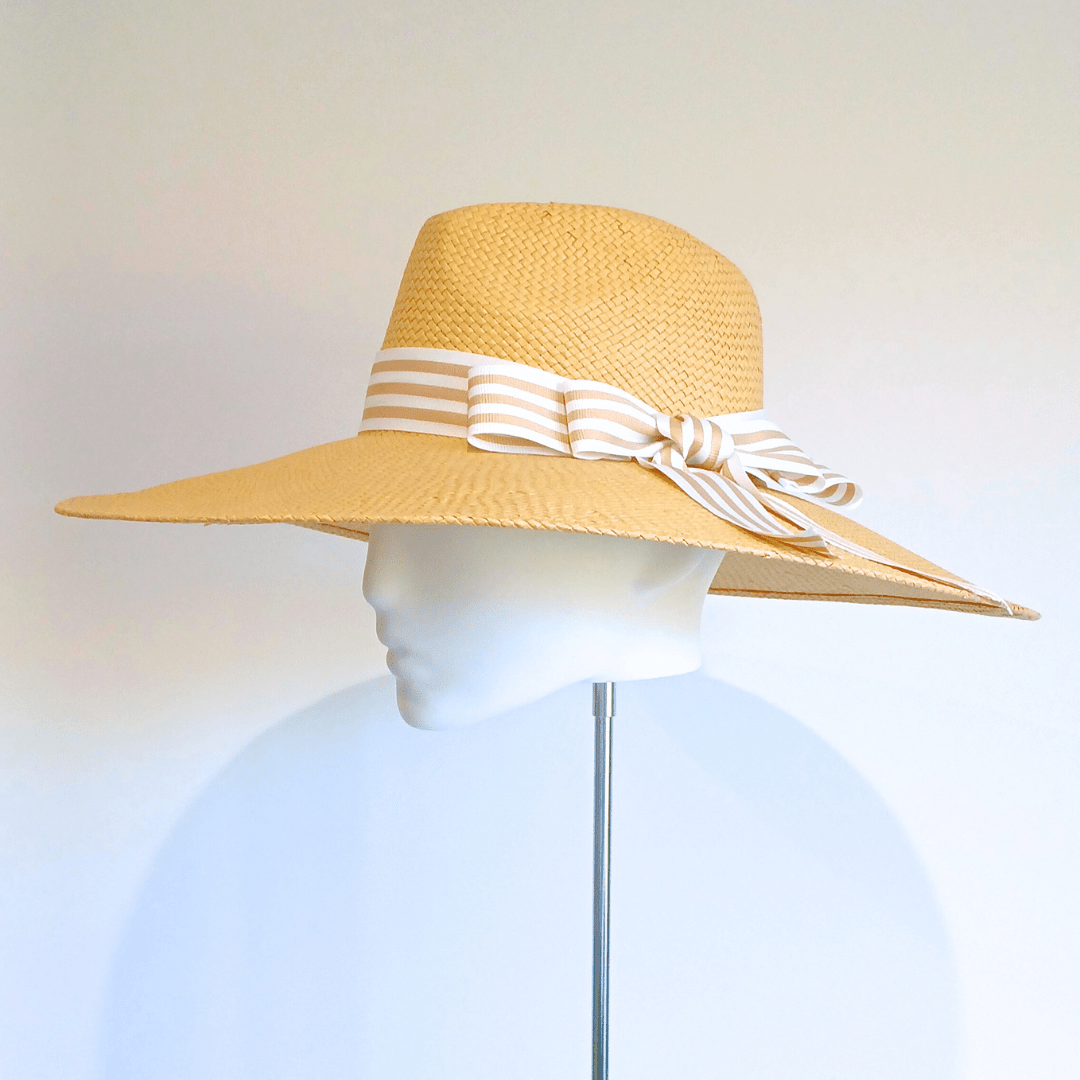 Women's Mustard Straw Wide Brim fedora hat with double petersham bow - Julie Herbert Millinery straw hat