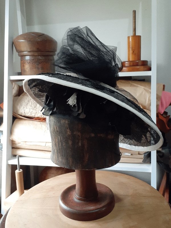 Black and White Sinamay hat with lace and veiling bow - Julie Herbert Millinery