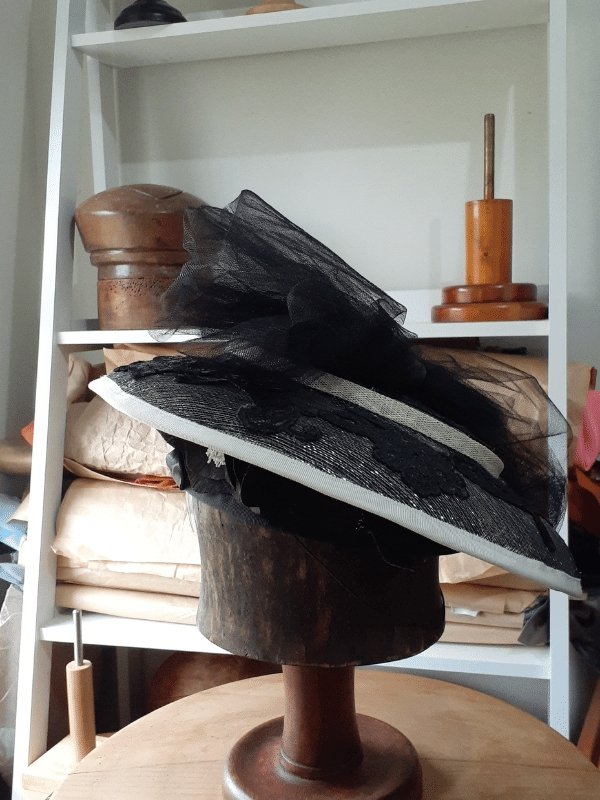 Black and White Sinamay hat with lace and veiling bow - Julie Herbert Millinery