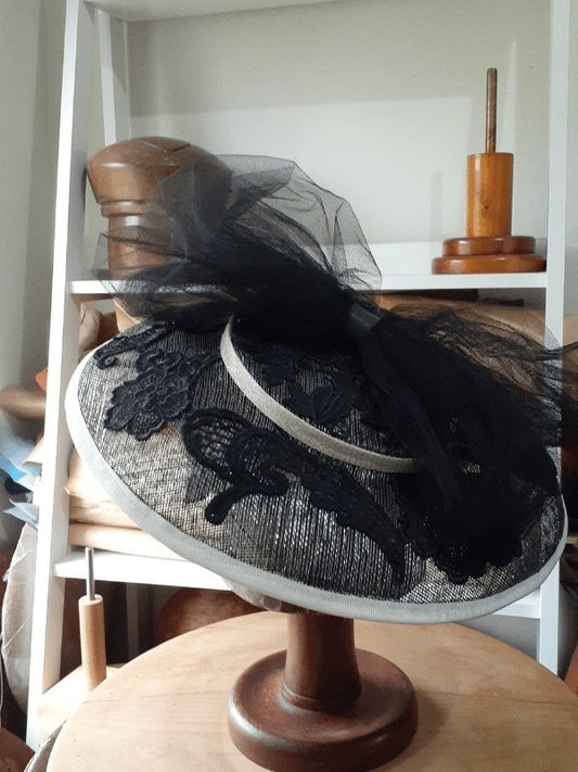 Black and White Sinamay hat with lace and veiling bow - Julie Herbert Millinery