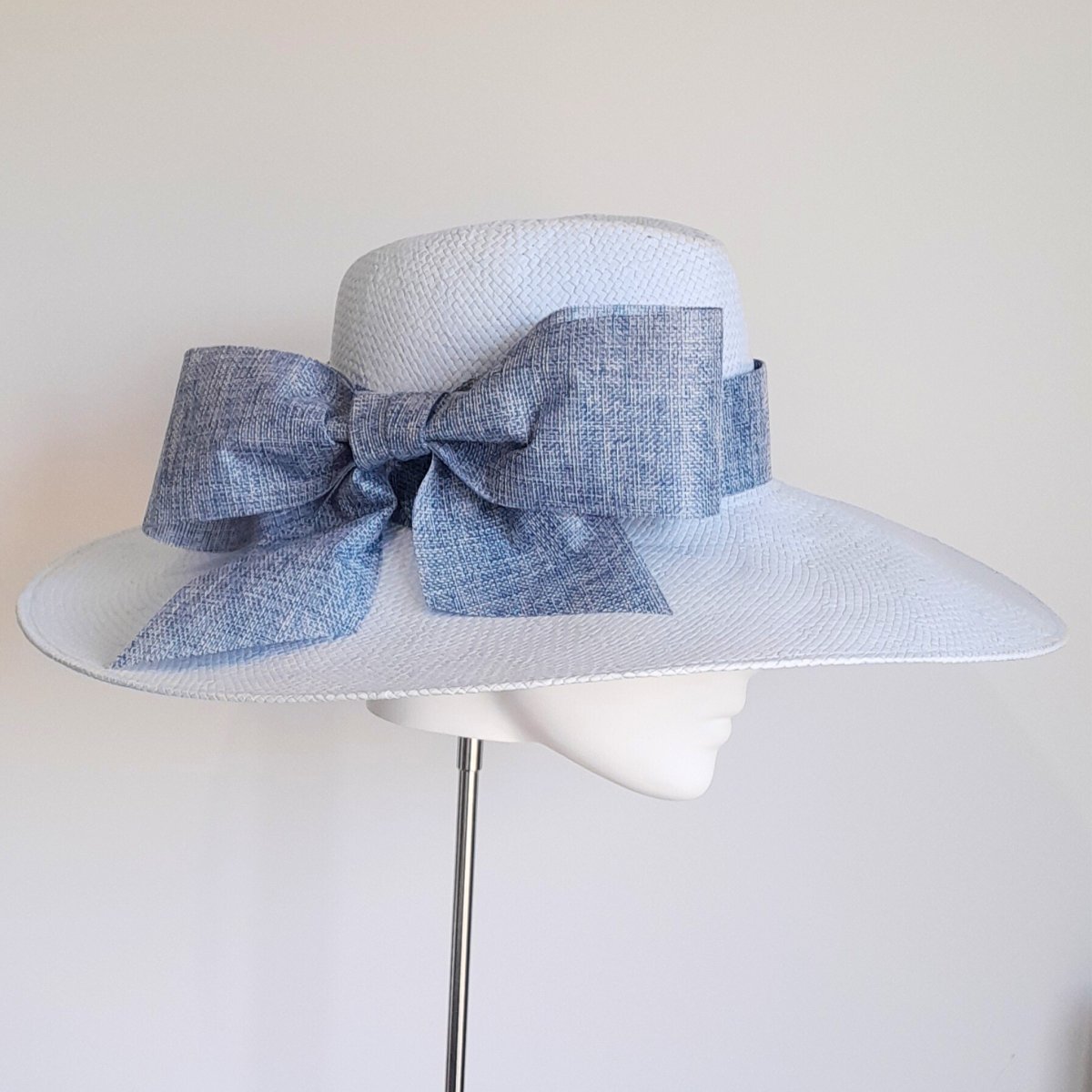 Blue straw wide fedora brim hat and linen bow - Julie Herbert Millinery