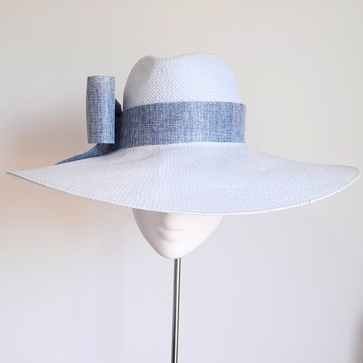 Blue straw wide fedora brim hat and linen bow - Julie Herbert Millinery