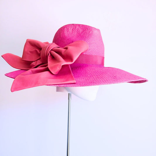 Hot Pink Leather Bow Ladies Straw Wide Brim fedora hat - Julie Herbert Millinery