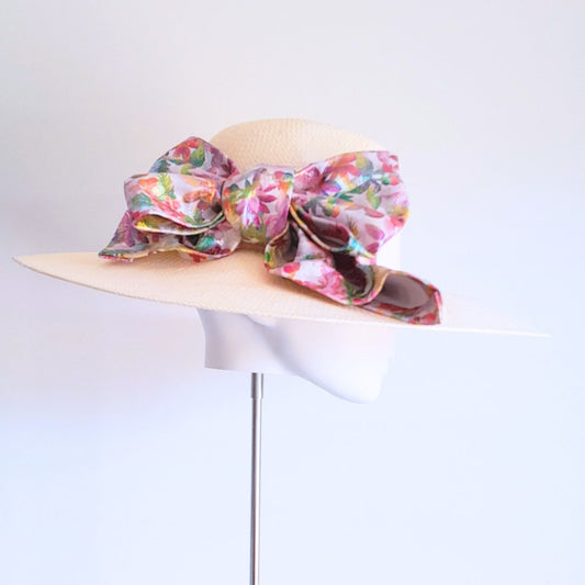 Ivory and Floral Straw wide brimmed fedora hat - Julie Herbert Millinery