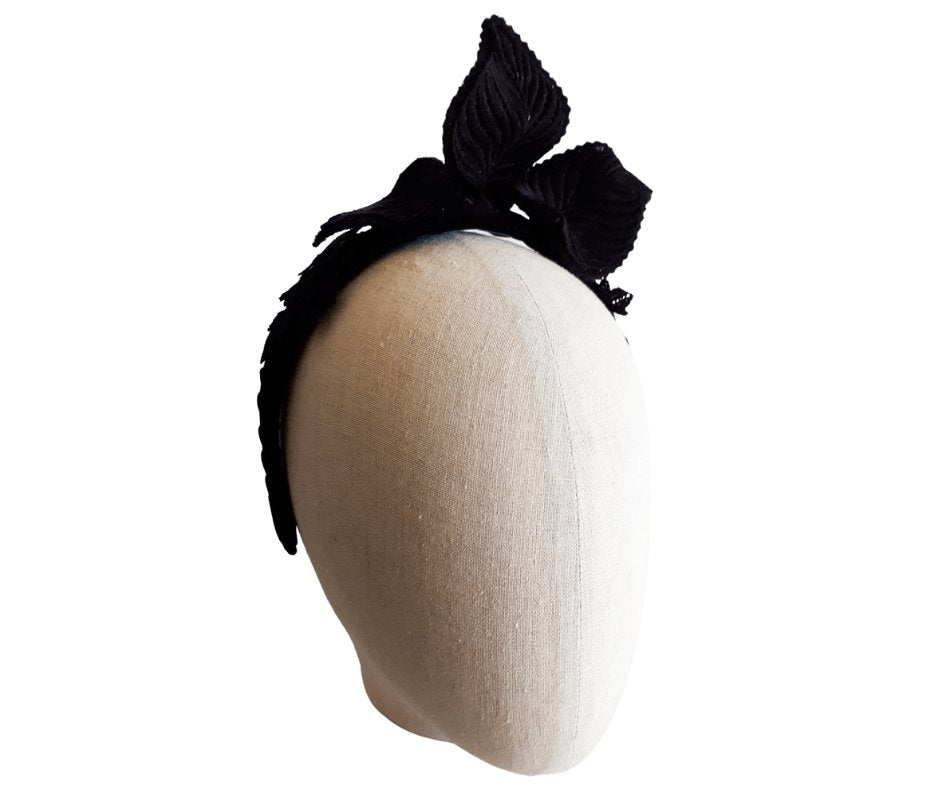 Ladies Black guipure lace leaf headband - Julie Herbert Millinery