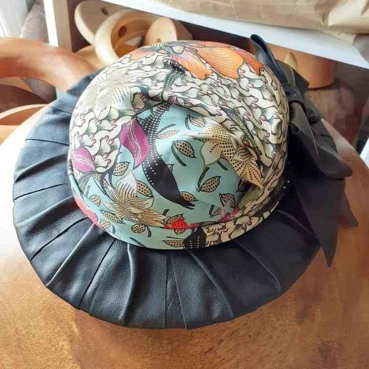 Ladies Black Leather with Silk Print Boater Hat - Julie Herbert Millinery