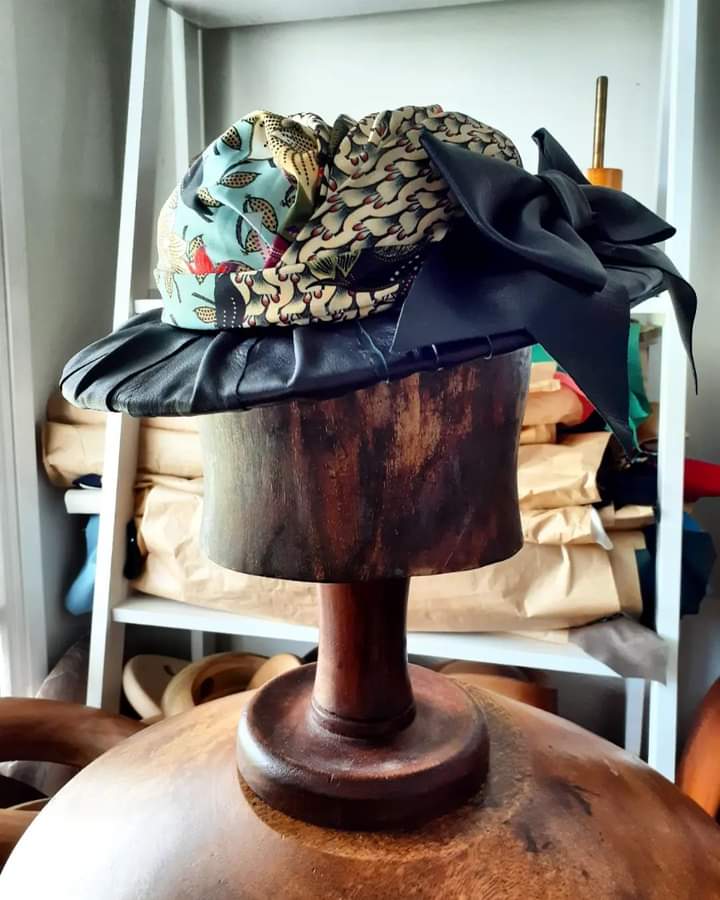 Ladies Black Leather with Silk Print Boater Hat - Julie Herbert Millinery