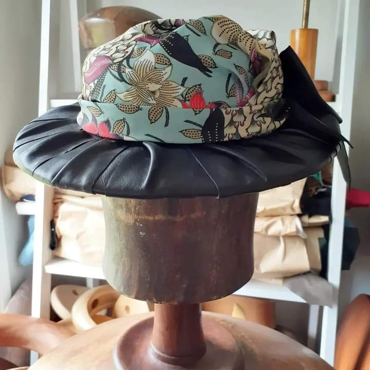 Ladies Black Leather with Silk Print Boater Hat - Julie Herbert Millinery