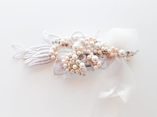 Ladies Champagne Guipure with Swarovski Pearls - Julie Herbert Millinery Bridal
