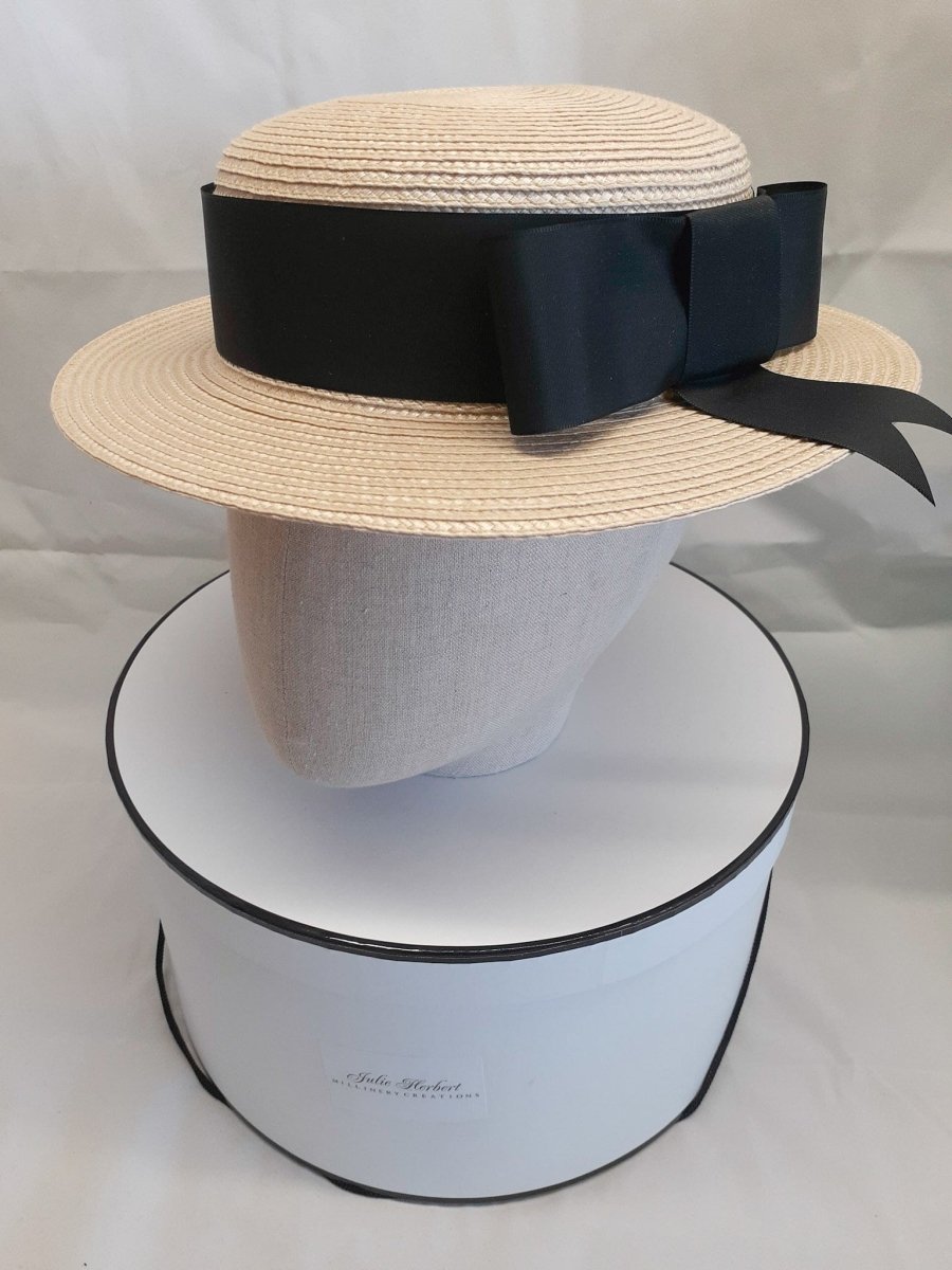 Ladies ivory and black straw boater hat - Julie Herbert Millinery