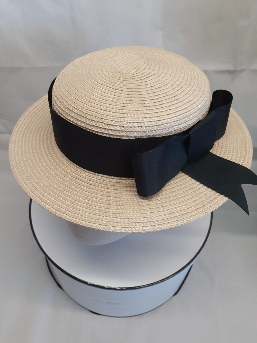 Ladies ivory and black straw boater hat - Julie Herbert Millinery