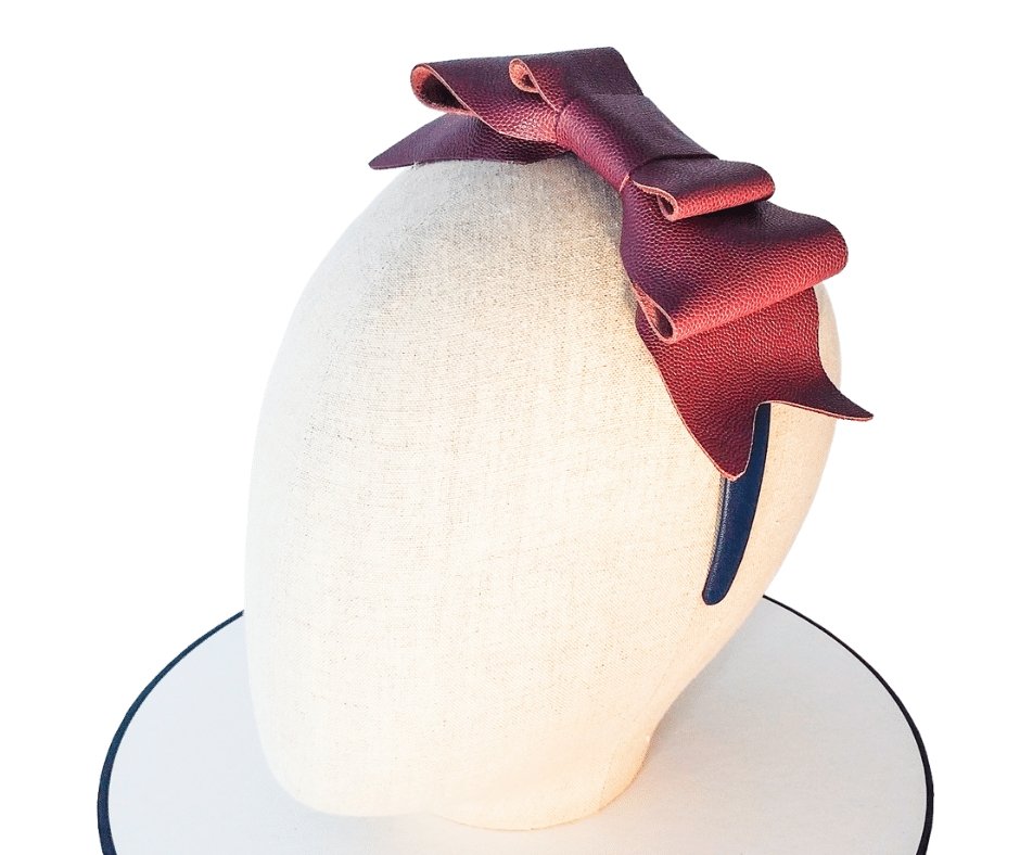 Ladies Maroon and Navy Leather Bow Headband - Julie Herbert Millinery