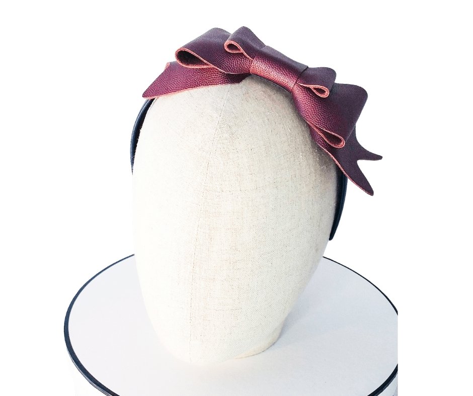 Ladies Maroon and Navy Leather Bow Headband - Julie Herbert Millinery