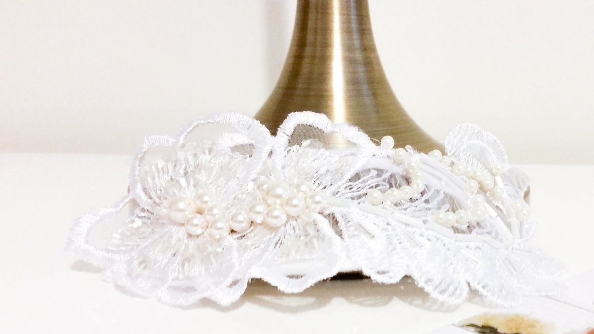 Ladies Swarovski Ivory Pearl and crystal guipure lace bridal headpiece - Julie Herbert Millinery