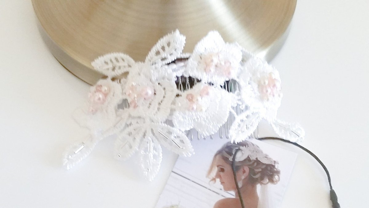 Ladies Swarovski Ivory & pink pearls and crystals with guipure lace bridal headpiece - Julie Herbert Millinery