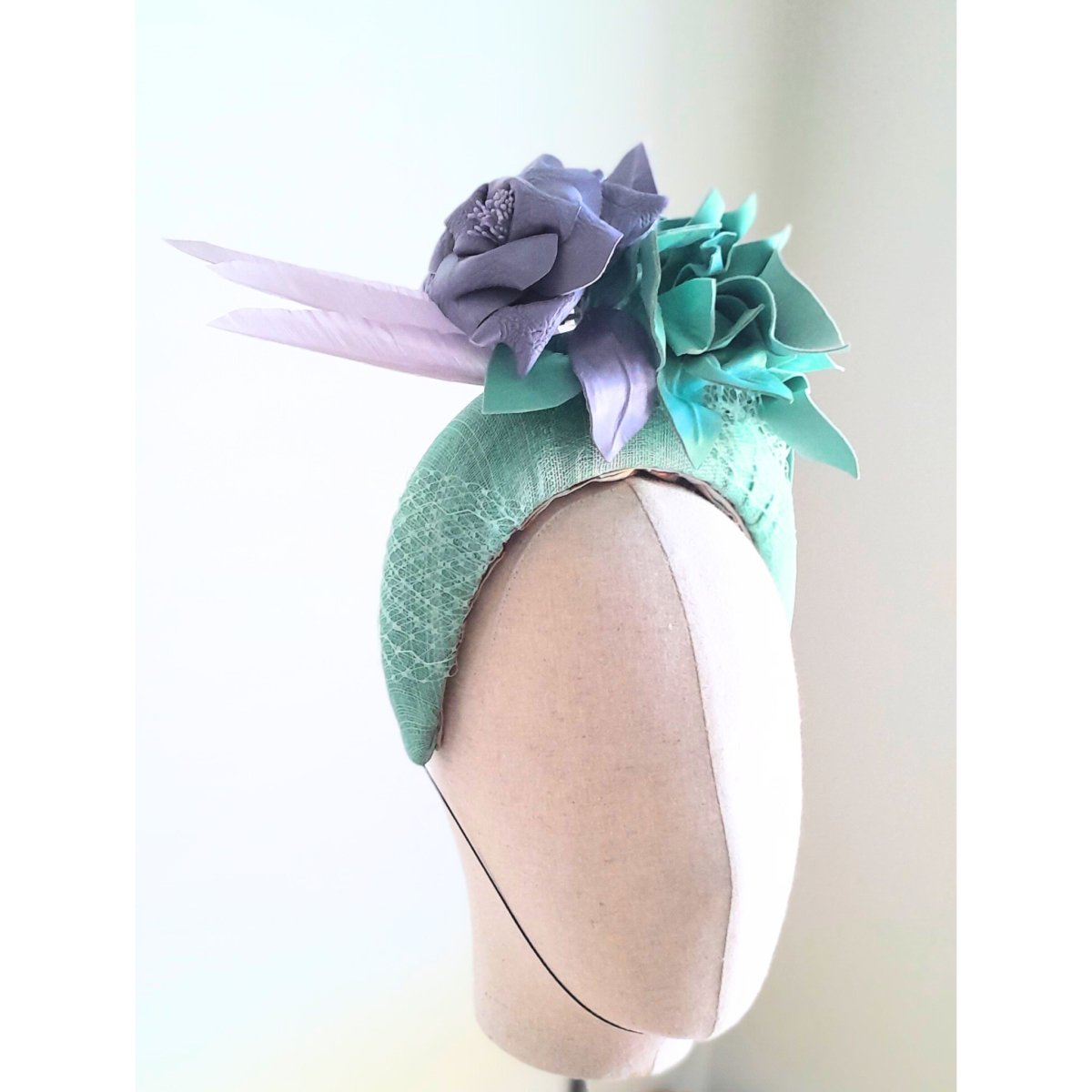 Mint Green and Lilac Sinamay Crown with Leather and Feathers - Julie Herbert Millinery