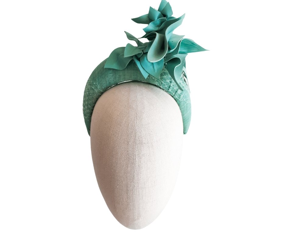 Mint Green Sinamay and Leather abstract trimmed crown headpiece - Julie Herbert Millinery