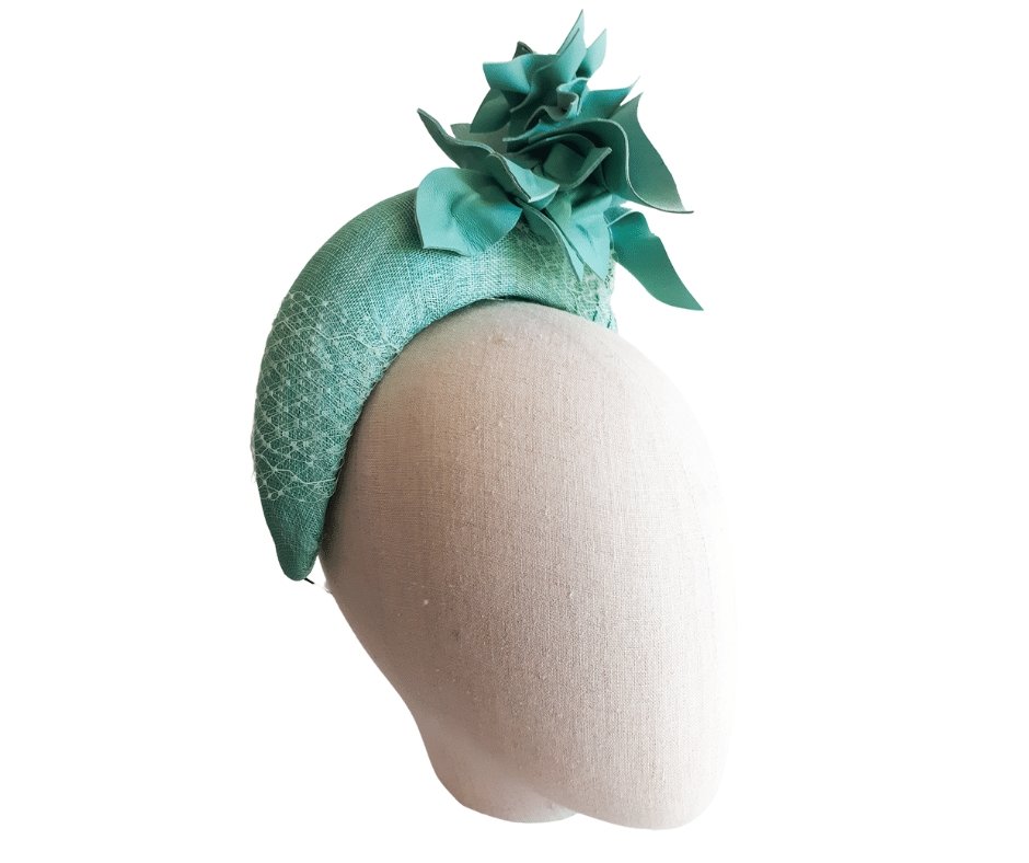 Mint Green Sinamay and Leather abstract trimmed crown headpiece - Julie Herbert Millinery