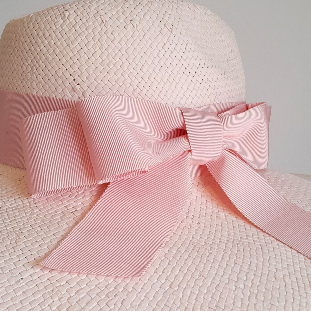 Pink straw wide fedora brim hat with double petersham ribbon bow - Julie Herbert Millinery