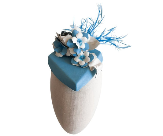Sky Blue and Ivory Flower and Biot Leather Percher Headpiece - Julie Herbert Millinery