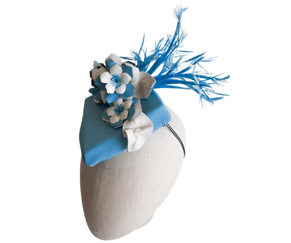 Sky Blue and Ivory Flower and Biot Leather Percher Headpiece - Julie Herbert Millinery