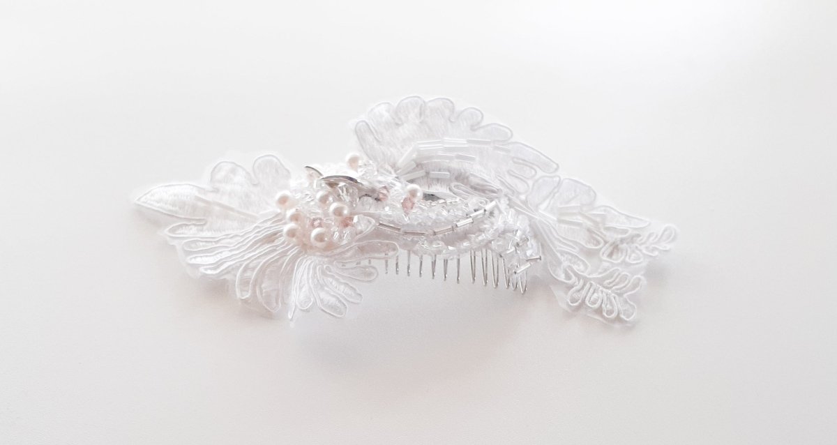 White Guipure with Ivory and Pink Swarovski embellishment headpiece - Julie Herbert Millinery