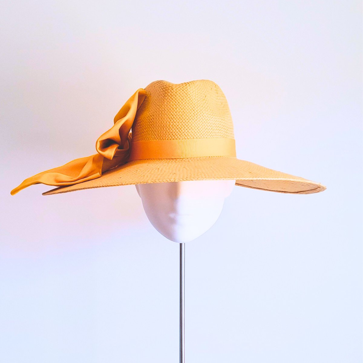 Yellow and Mustard Leather Bow Straw wide brimmed fedora hat - Julie Herbert Millinery