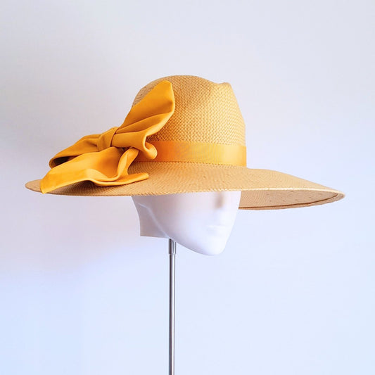 Yellow and Mustard Leather Bow Straw wide brimmed fedora hat - Julie Herbert Millinery