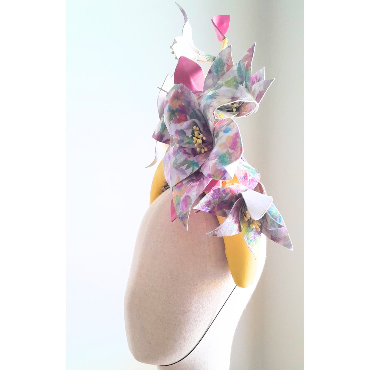 YELLOW LEATHER CROWN WITH SPRING FLOWERS - Julie Herbert Millinery